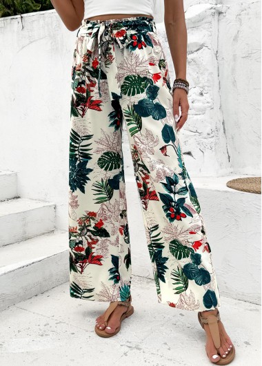 women clothes image of Blackish Green Plants Print Wide Leg Elastic Waist Pants
