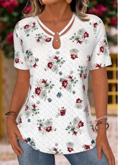 women clothes image of White Floral Print Short Sleeve V Neck T Shirt