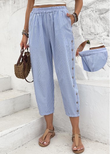 women clothes image of Light Blue Striped Straight Leg Elastic Waist Pants