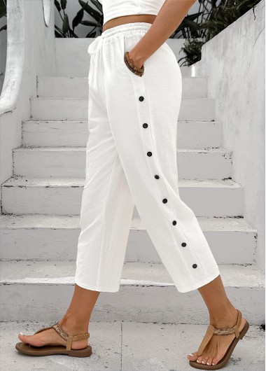women clothes image of White Straight Leg Elastic Waist High Waisted Pants