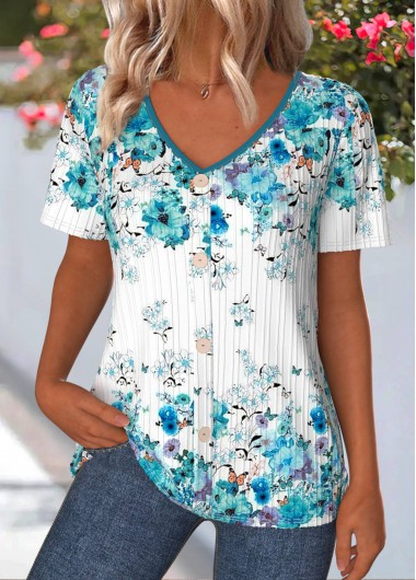 women clothes image of Cyan Floral Print Short Sleeve V Neck T Shirt
