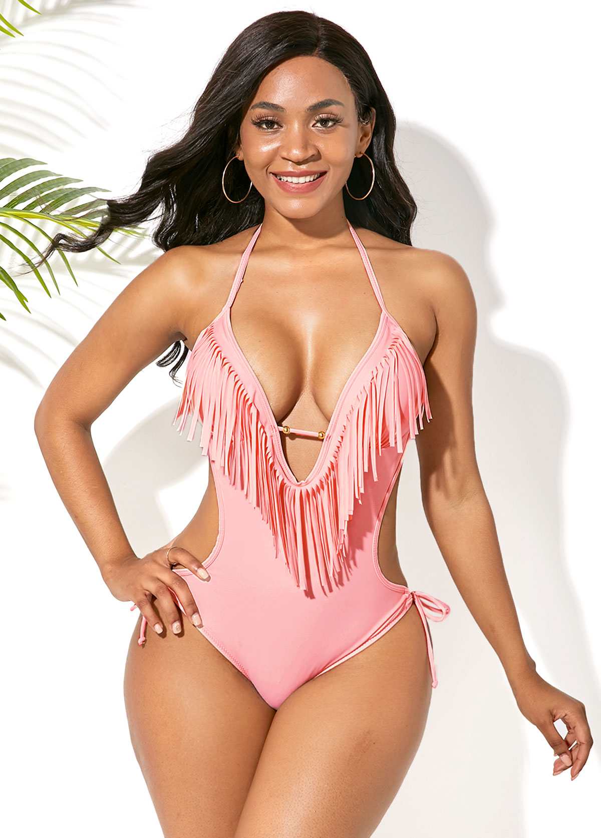 Tassel Embellished Halter Light Pink One Piece Swimwear | picture 