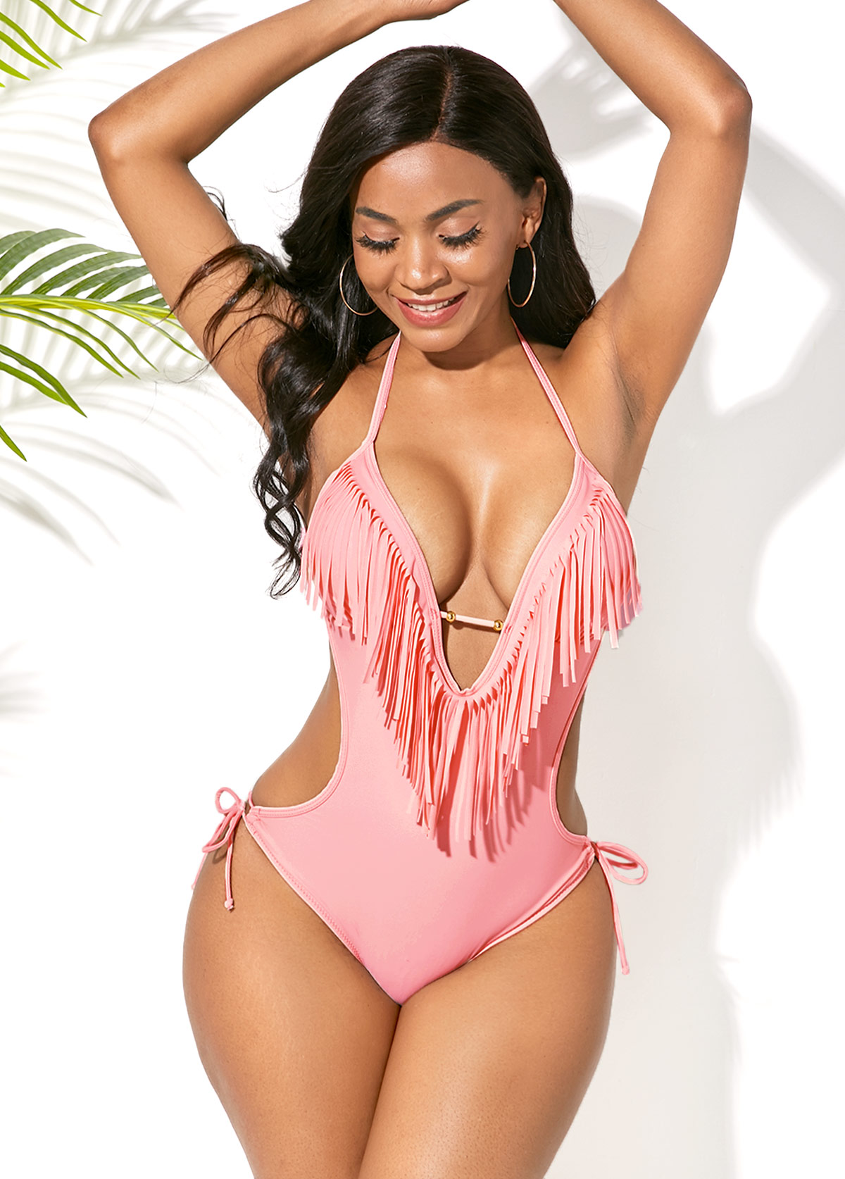 Tassel Embellished Halter Light Pink One Piece Swimwear | picture 
