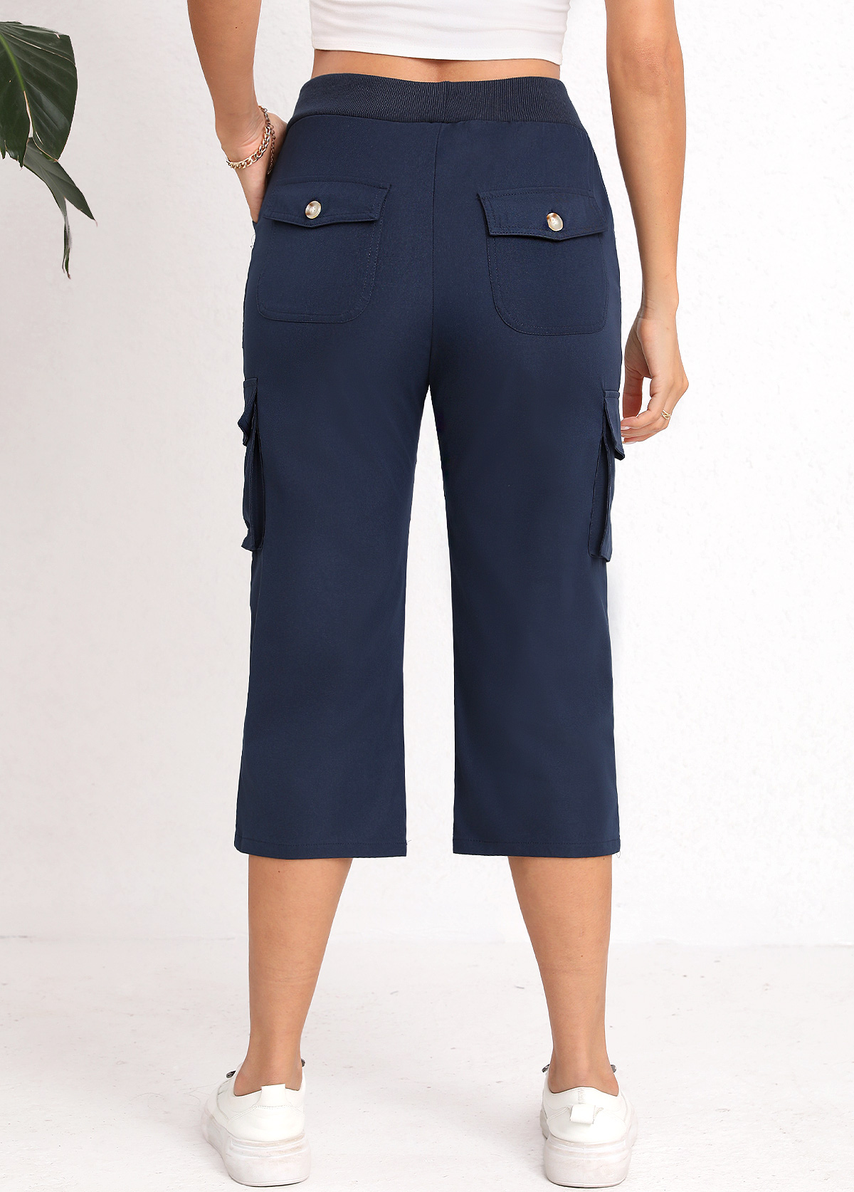 Navy Lace Up Straight Leg Elastic Waist Pants | picture 