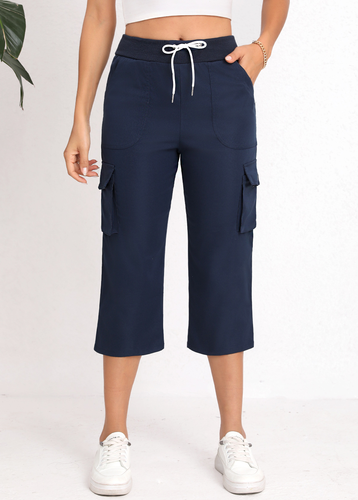 Navy Lace Up Straight Leg Elastic Waist Pants | picture 