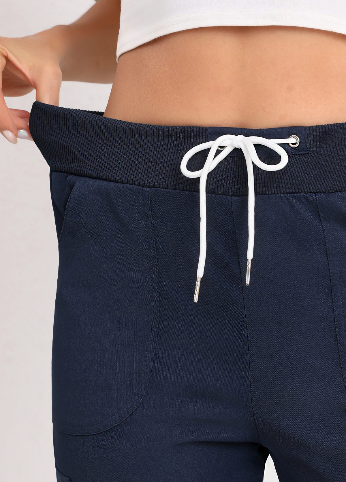 Navy Lace Up Straight Leg Elastic Waist Pants | picture 