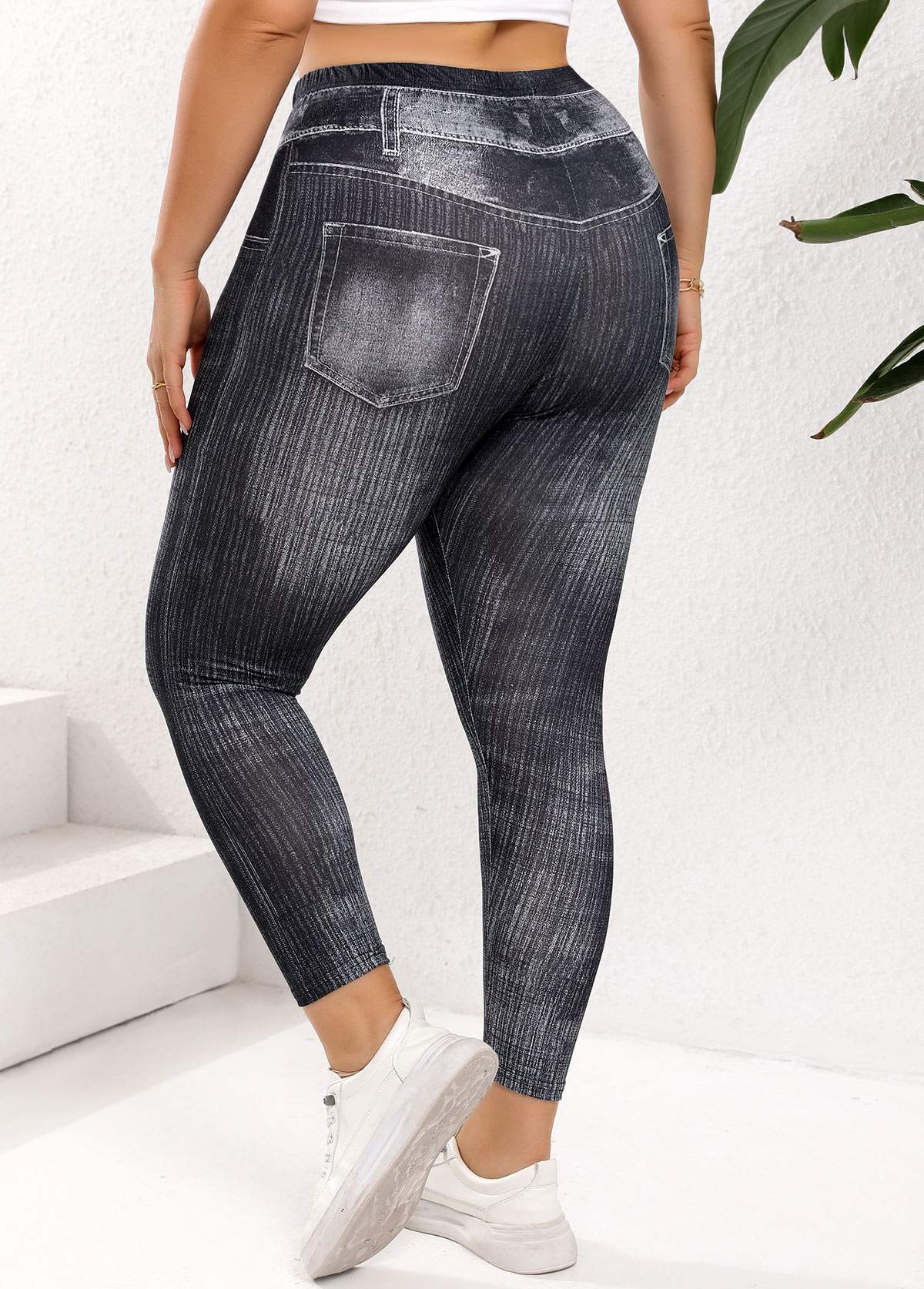 Black Plus Size Denim-effect Print Skinny Elastic Waist Leggings | picture 
