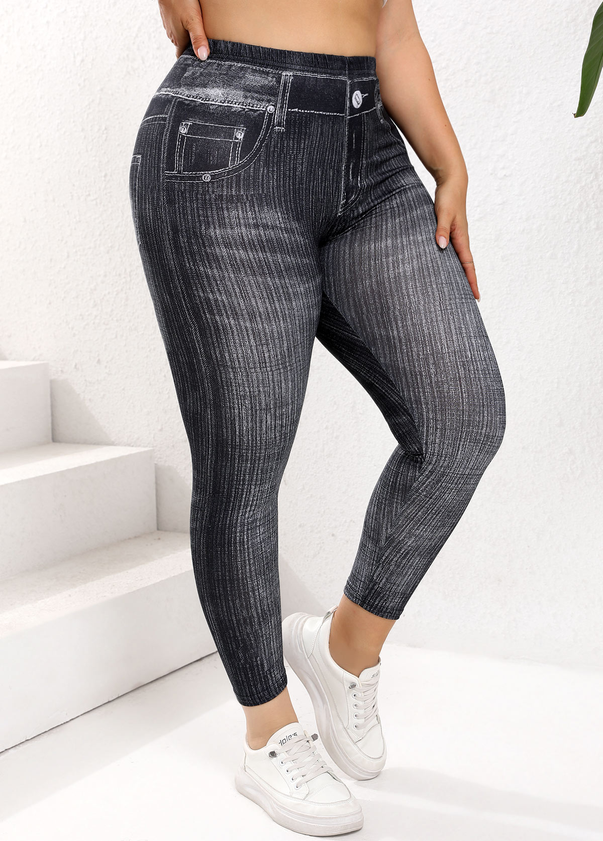 Black Plus Size Denim-effect Print Skinny Elastic Waist Leggings | picture 