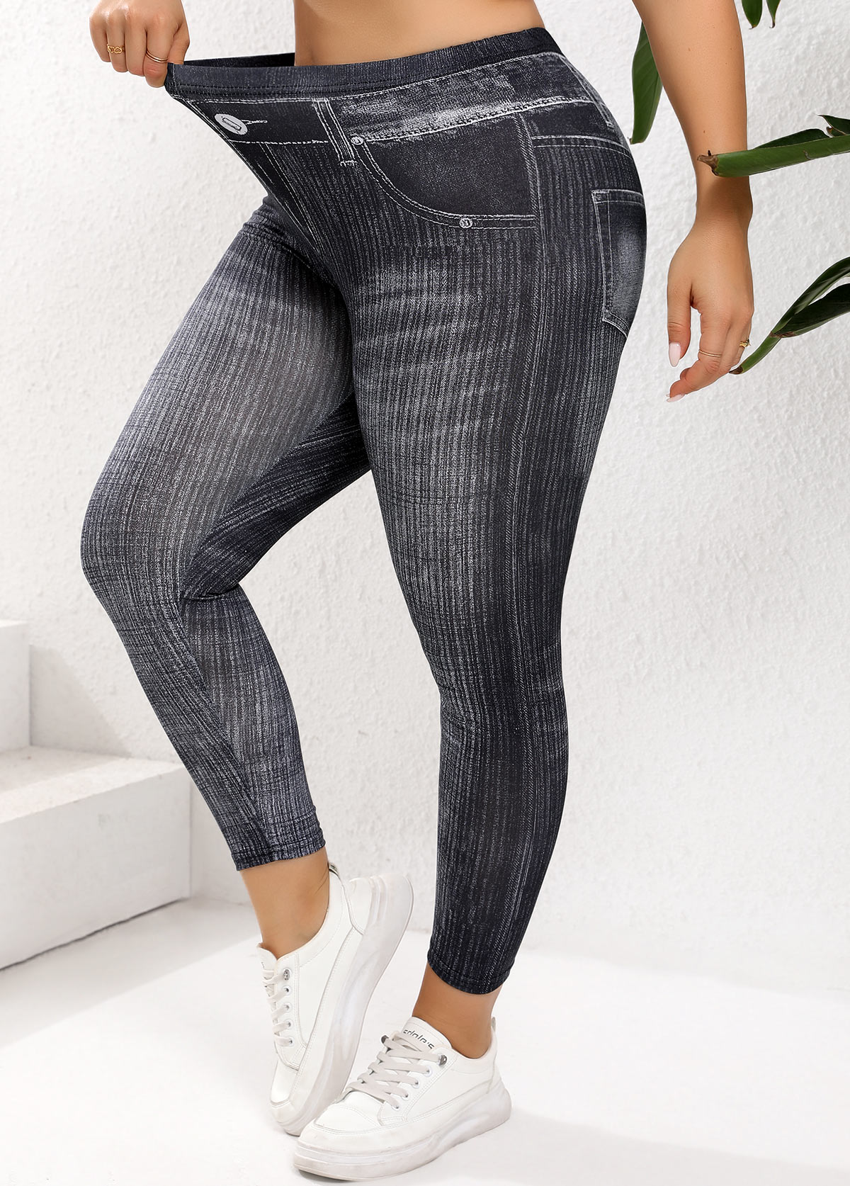 Black Plus Size Denim-effect Print Skinny Elastic Waist Leggings | picture 