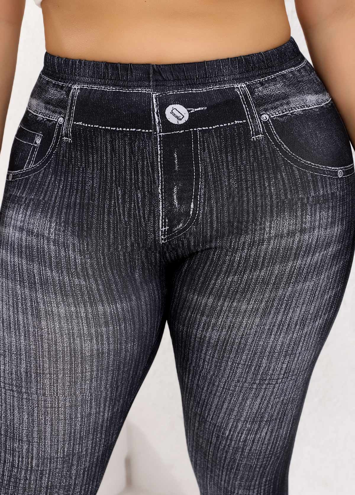 Black Plus Size Denim-effect Print Skinny Elastic Waist Leggings | picture 
