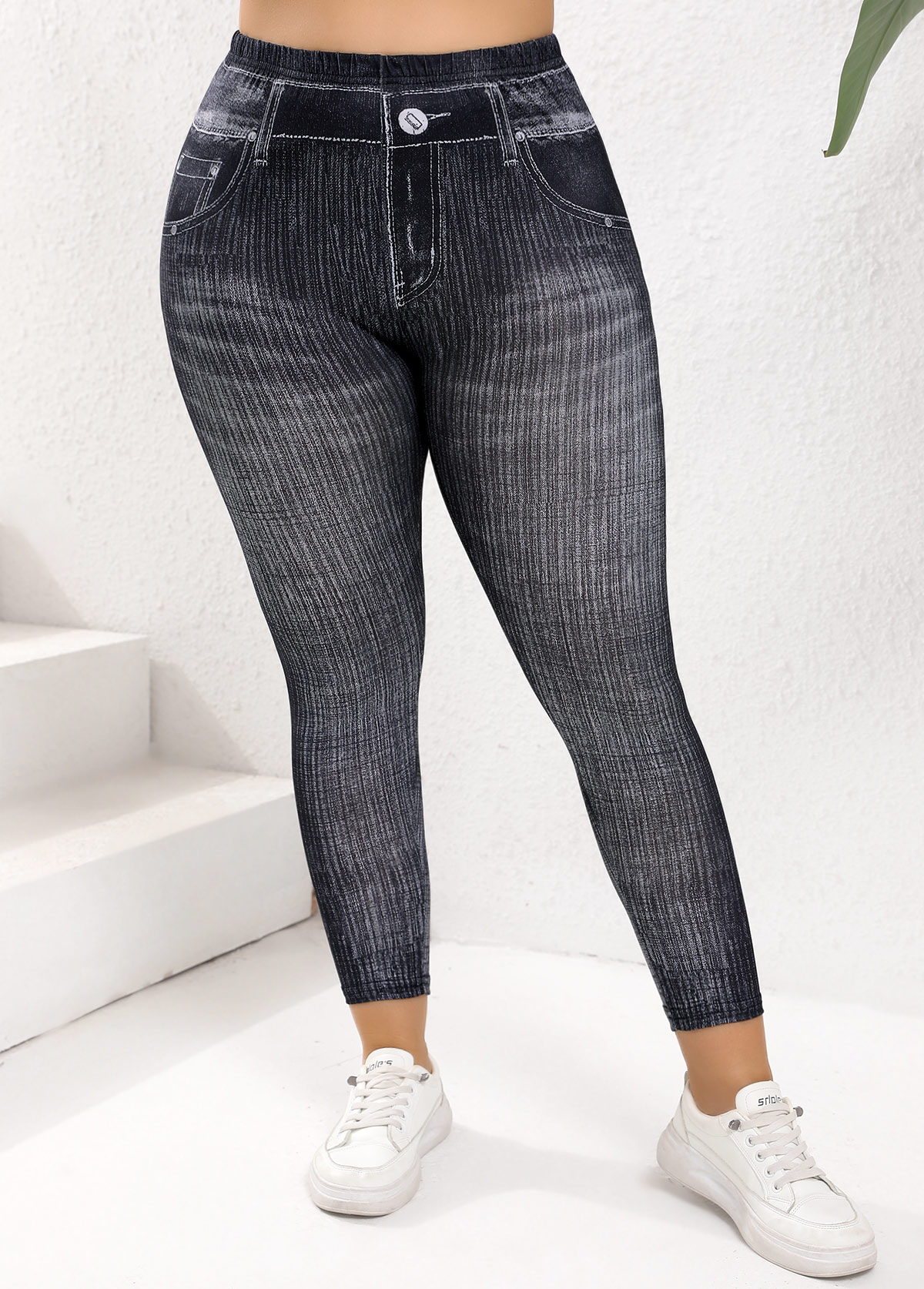 Black Plus Size Denim-effect Print Skinny Elastic Waist Leggings | picture 