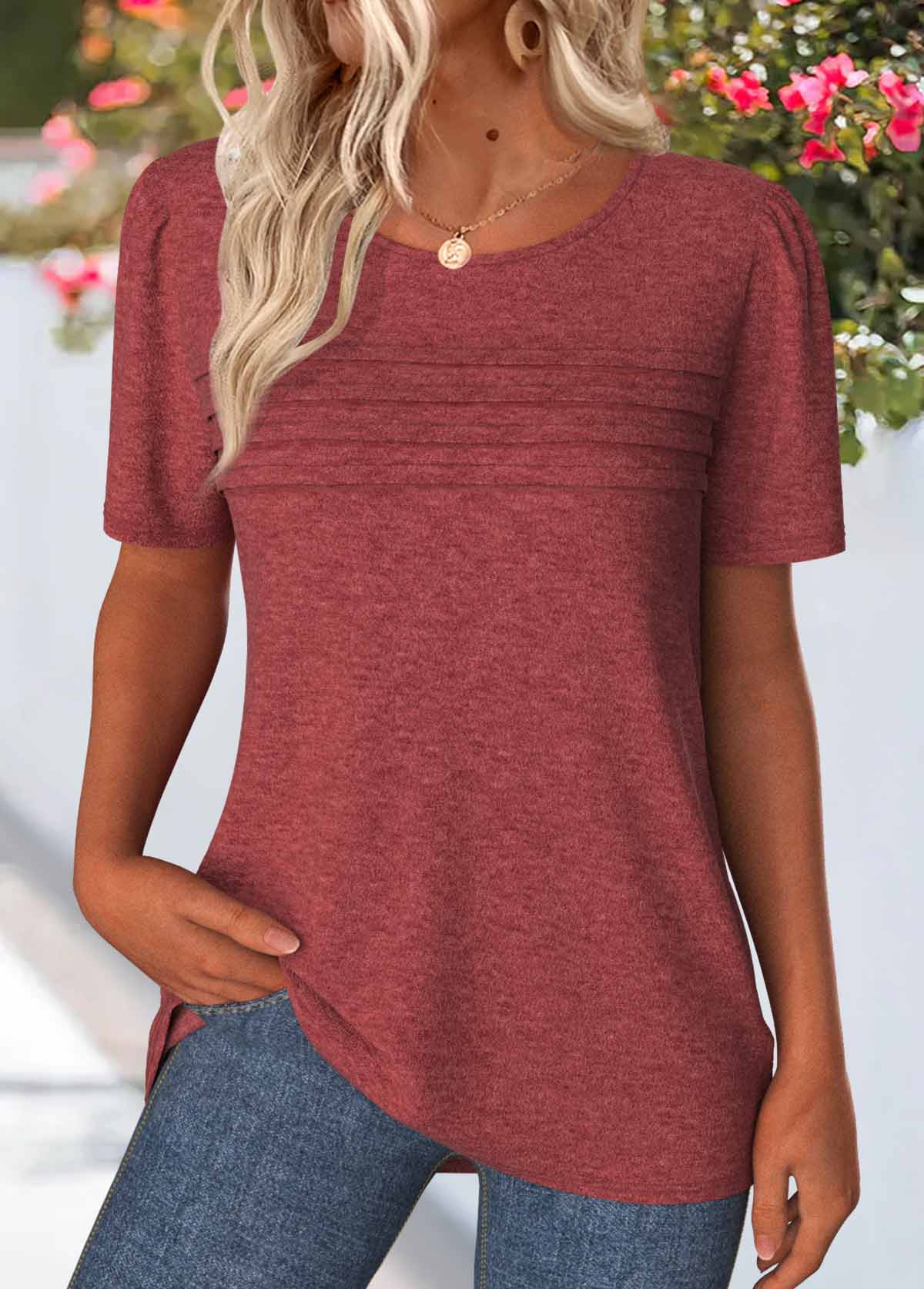 Brick Red Tuck Stitch Short Sleeve T Shirt – Tummy Coverage Casual ...