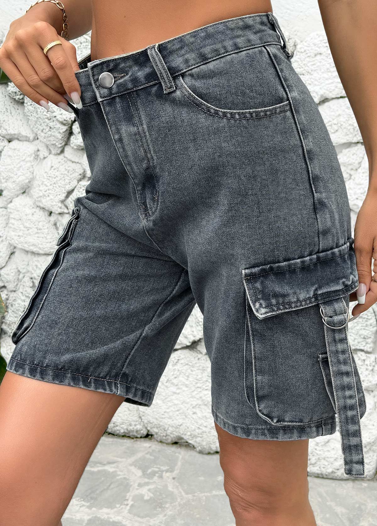 Dark Grey Marl Button Fly High Waisted Denim Shorts | picture 