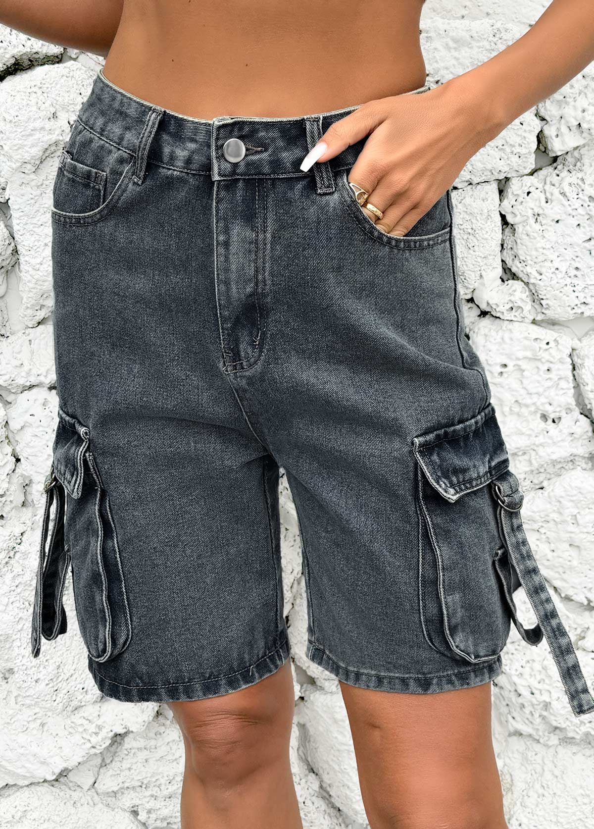 Dark Grey Marl Button Fly High Waisted Denim Shorts | picture 