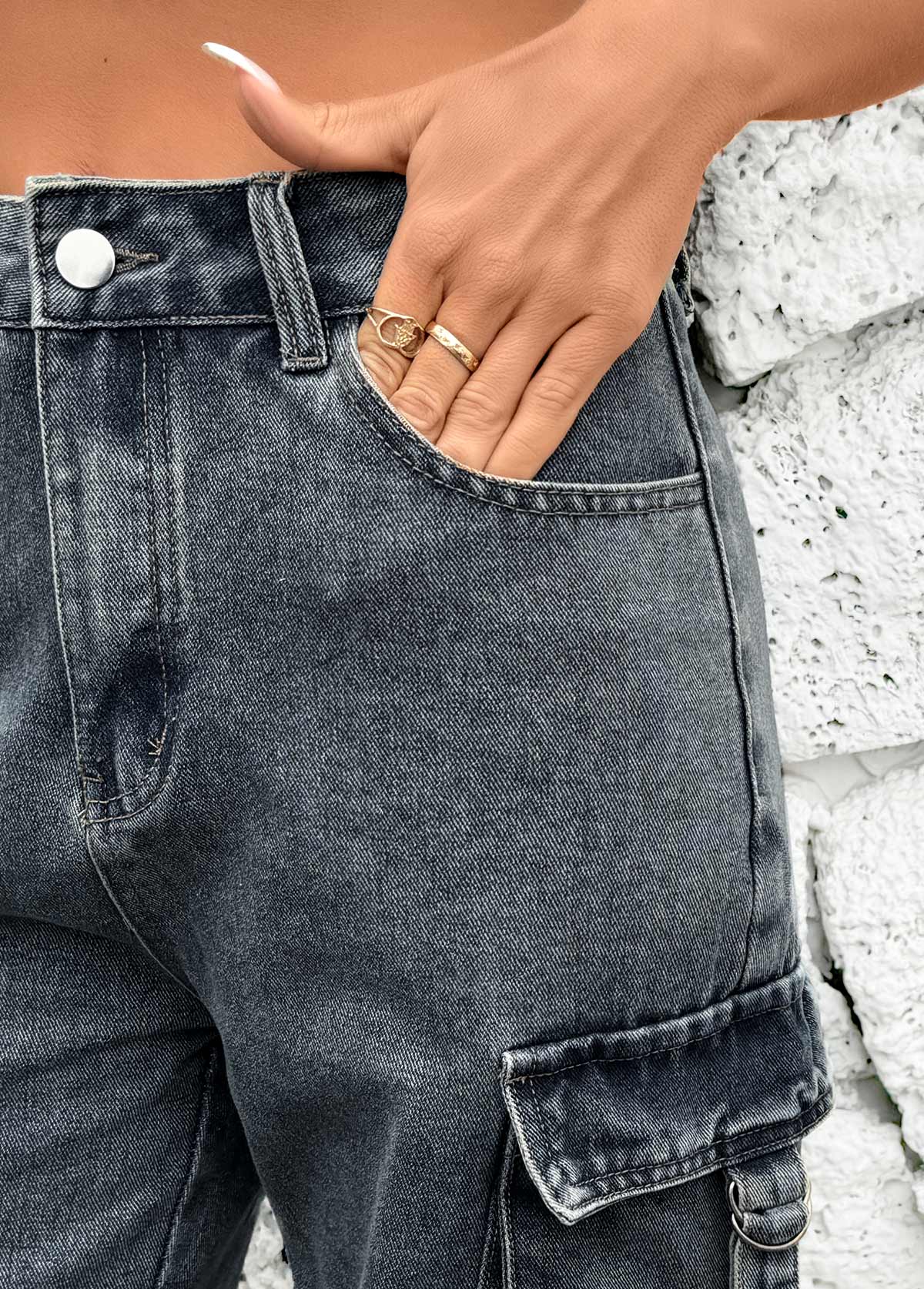 Dark Grey Marl Button Fly High Waisted Denim Shorts | picture 