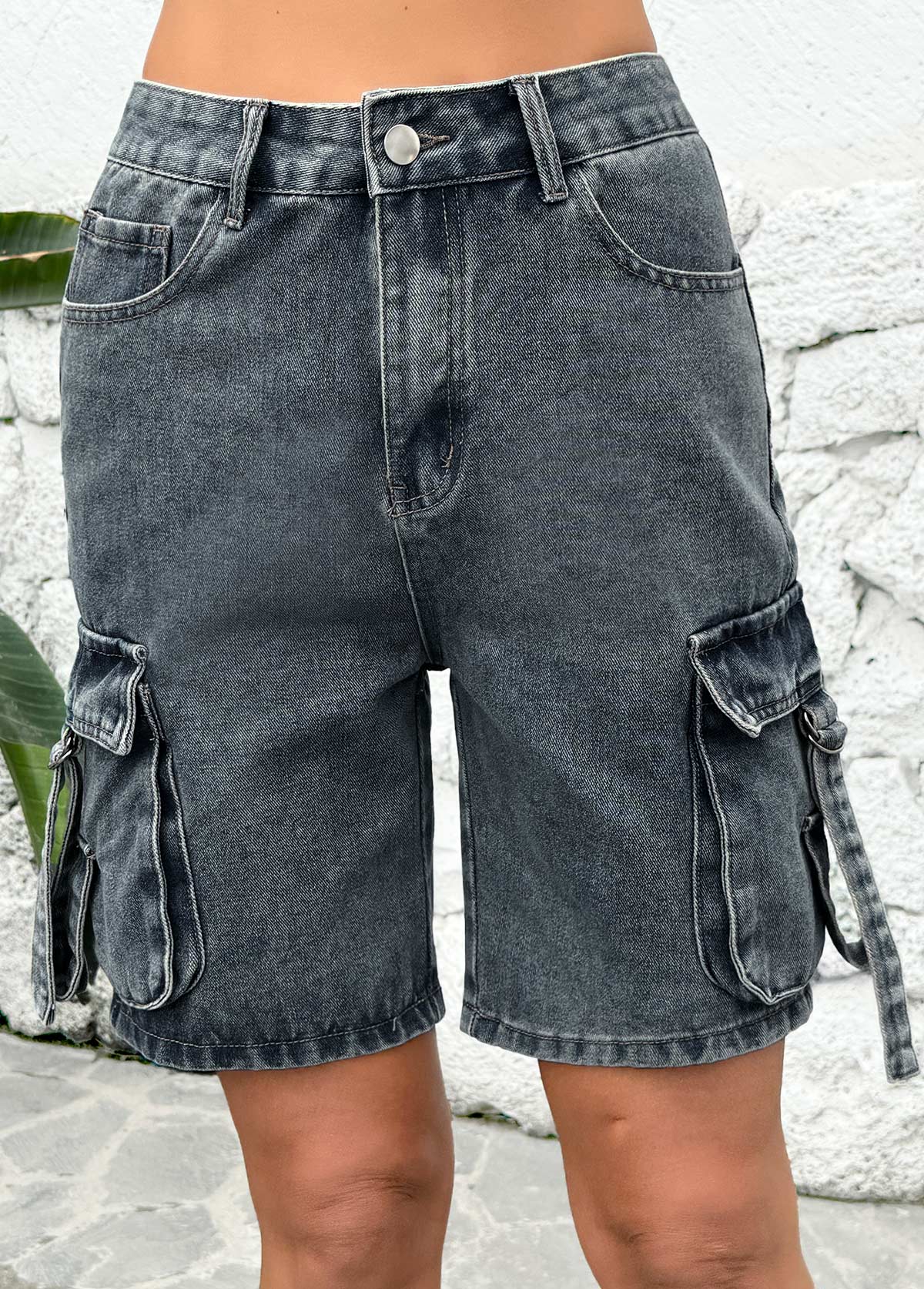 Dark Grey Marl Button Fly High Waisted Denim Shorts | picture 