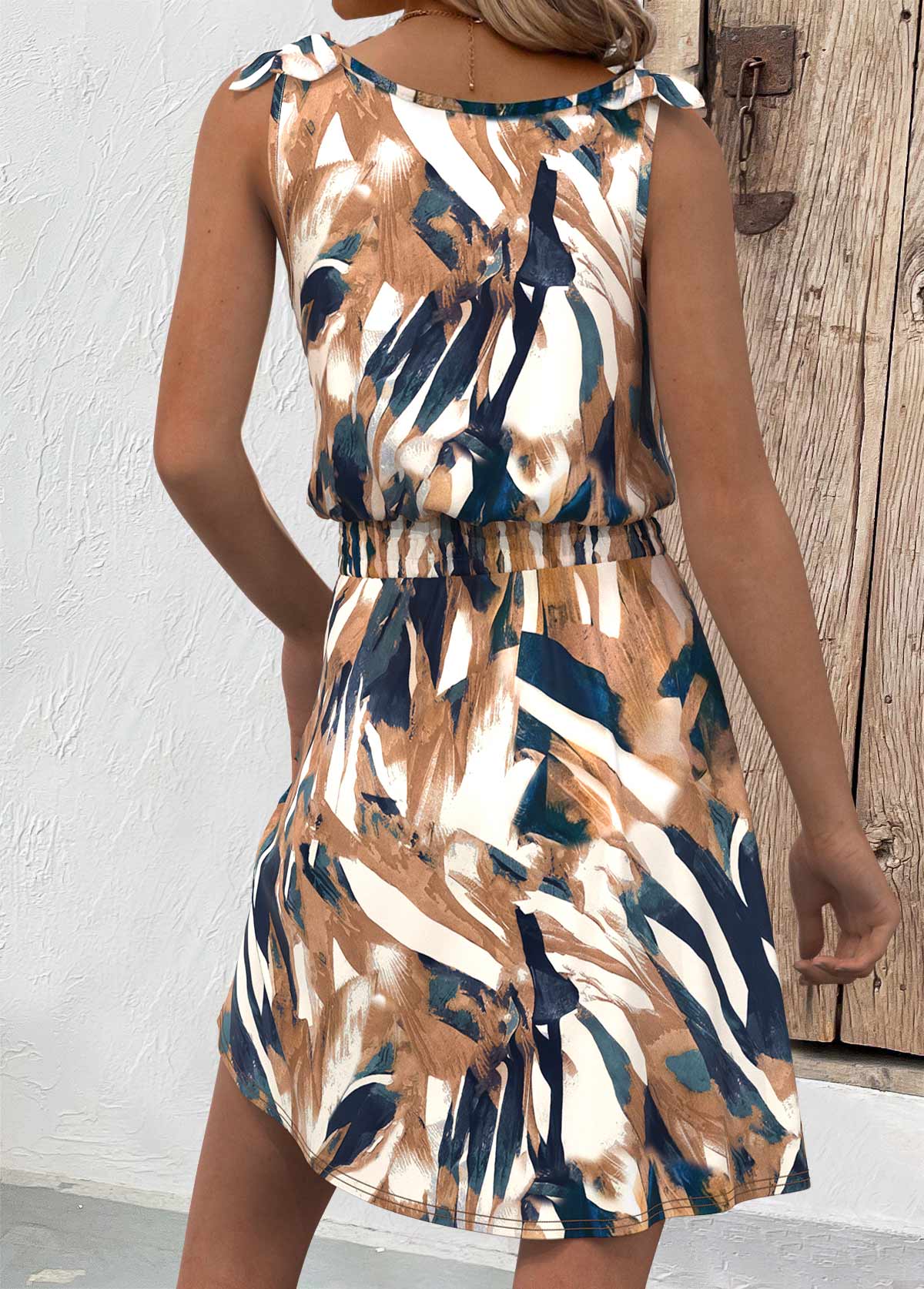 White Button Geometric Print Short Sleeveless V Neck Dress | picture 