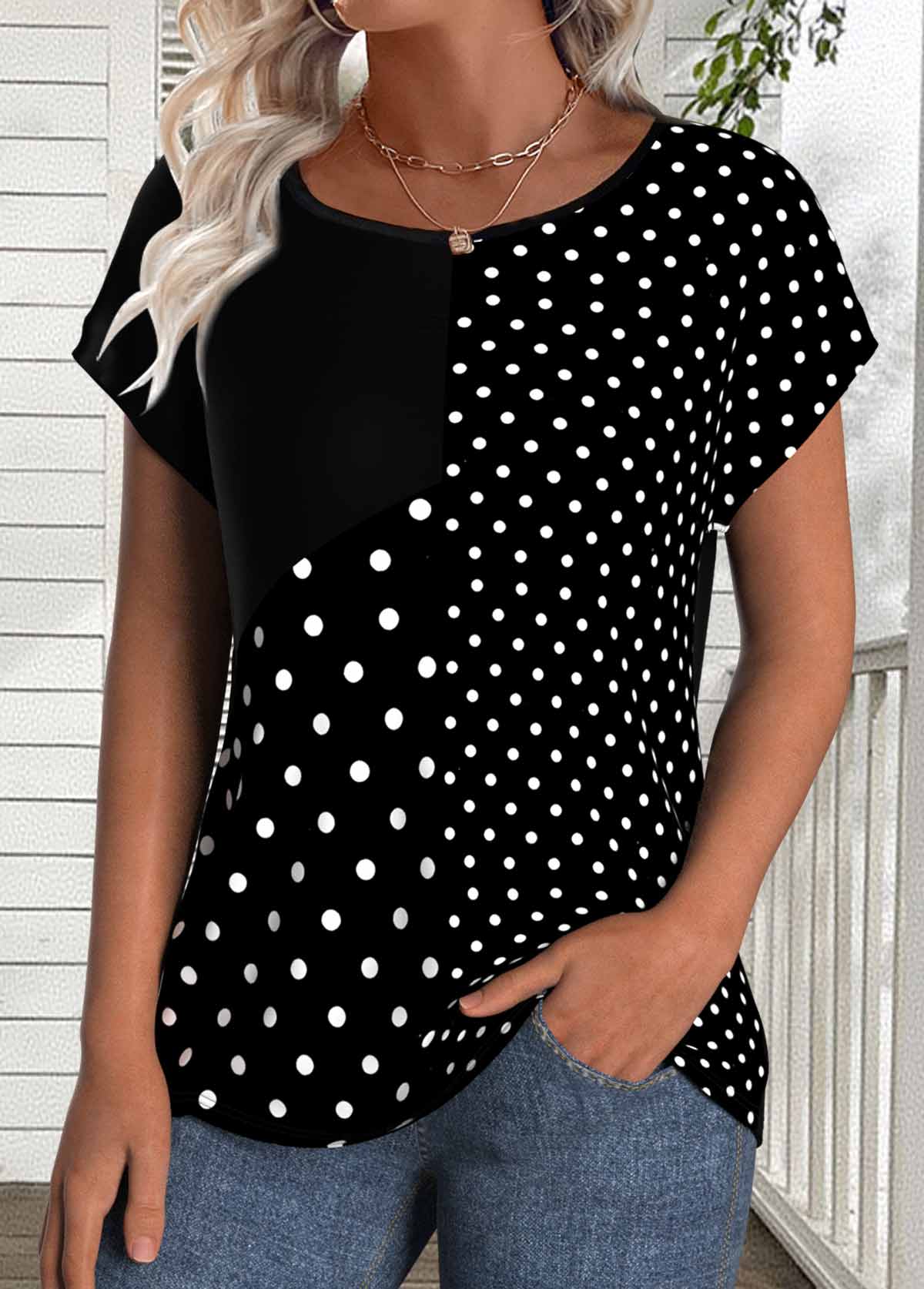 Black Patchwork Polka Dot Short Sleeve T Shirt | picture 