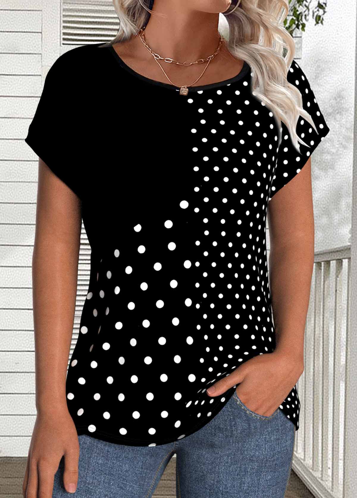 Black Patchwork Polka Dot Short Sleeve T Shirt | picture 