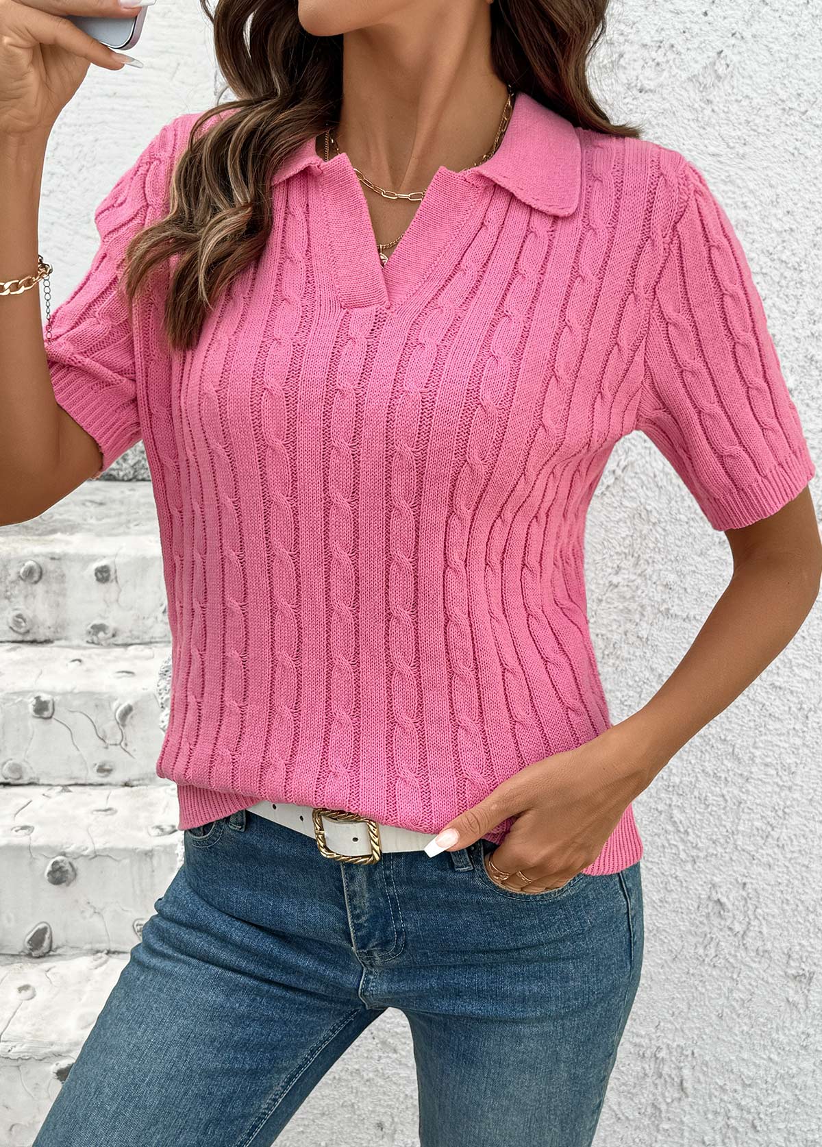 Hot Pink Short Sleeve Turn Down Collar Blouse | picture 