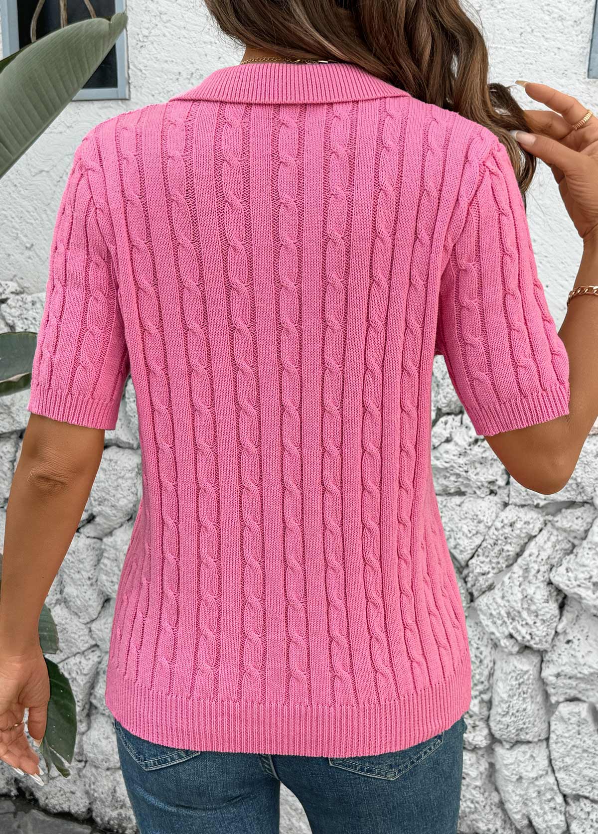 Hot Pink Short Sleeve Turn Down Collar Blouse | picture 