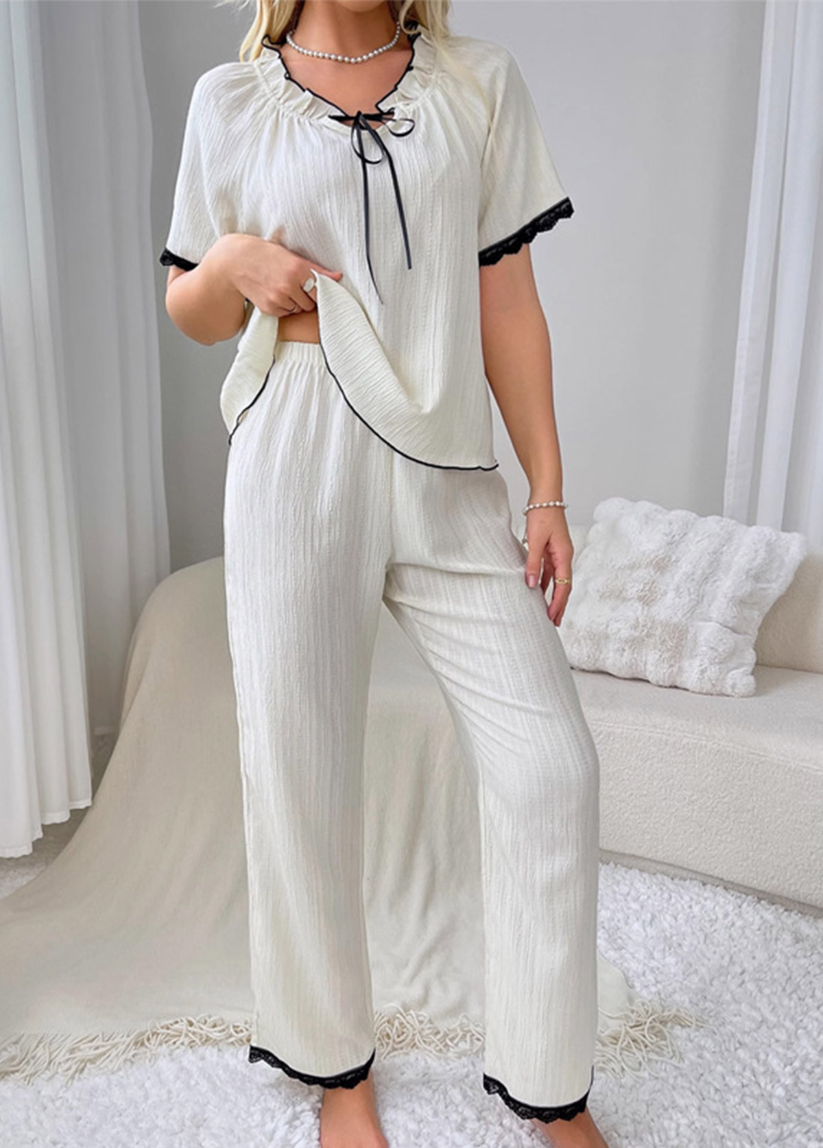 White Short Sleeve Lounge Top and Pants | picture 