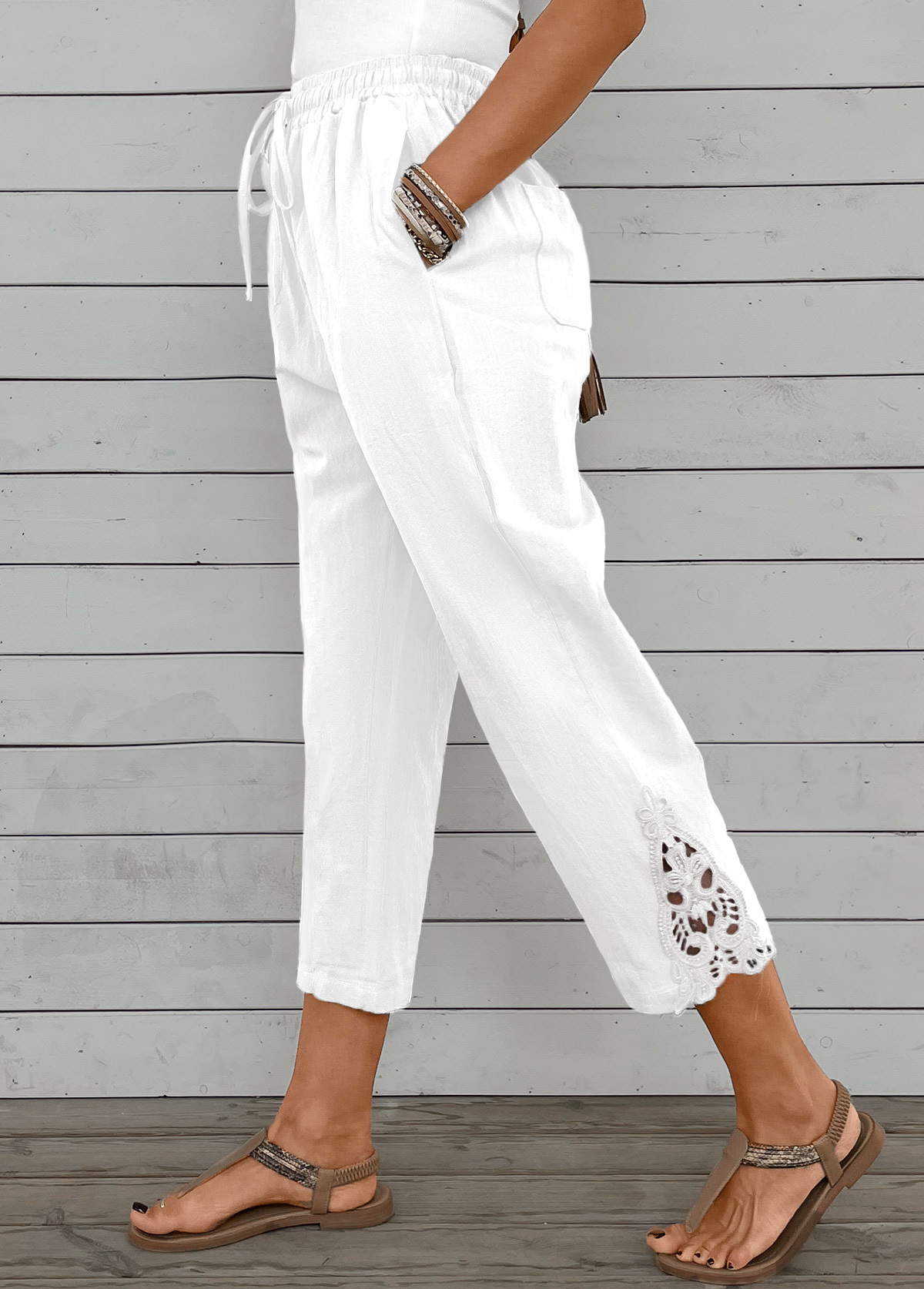 Modlily White Straight Leg Elastic Waist High Waisted Pants - L