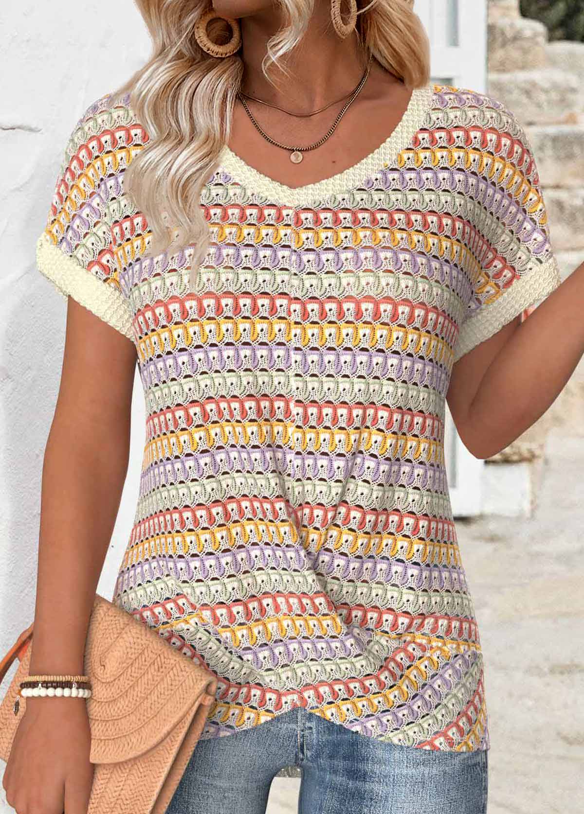 Modlily Multi Color Short Sleeve Hollowedout T Shirt - XL