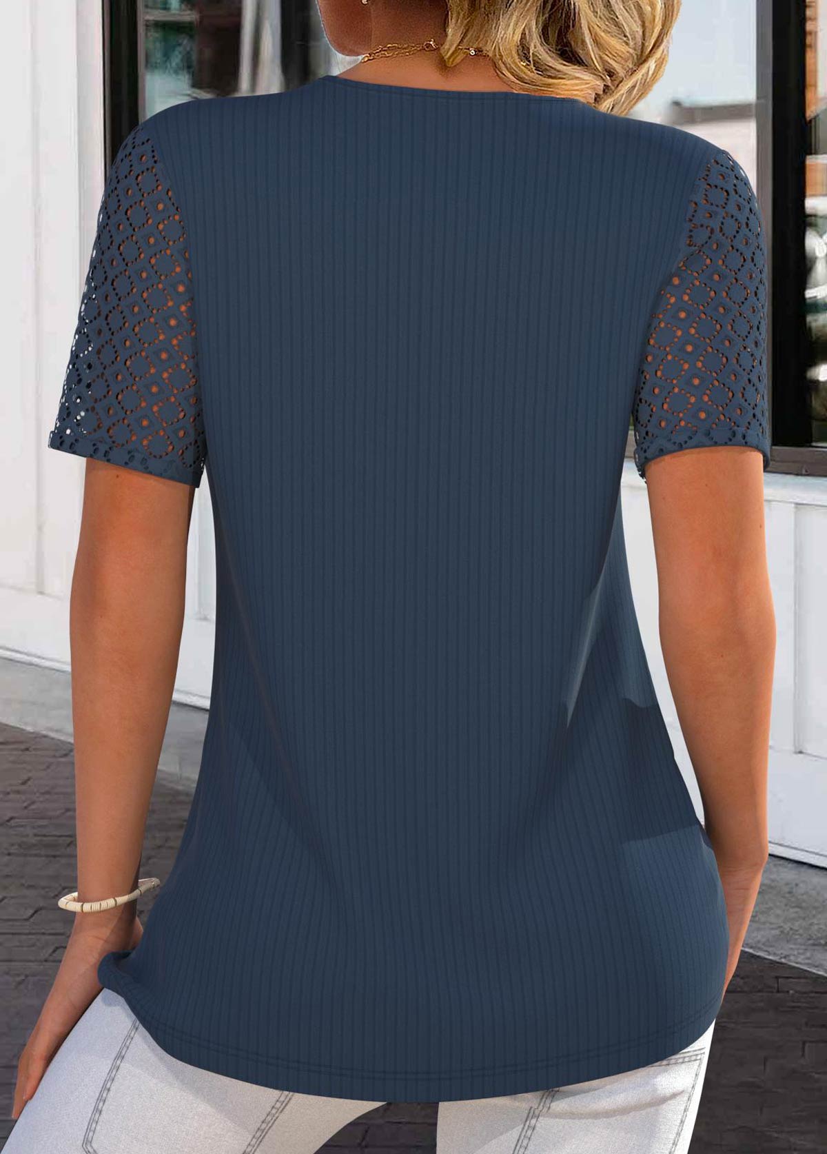 Plus Size Navy Lace Short Sleeve T Shirt | picture 