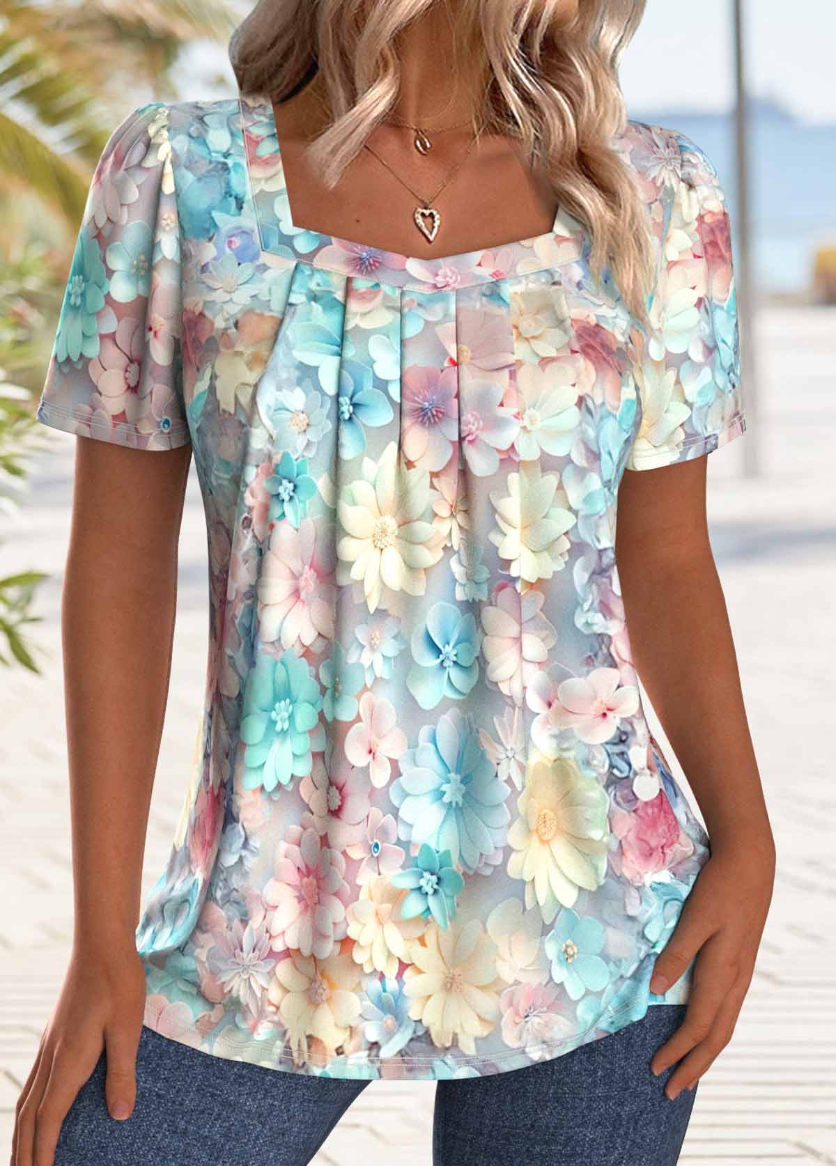Multi Color Floral Print Short Sleeve T Shirt | picture 