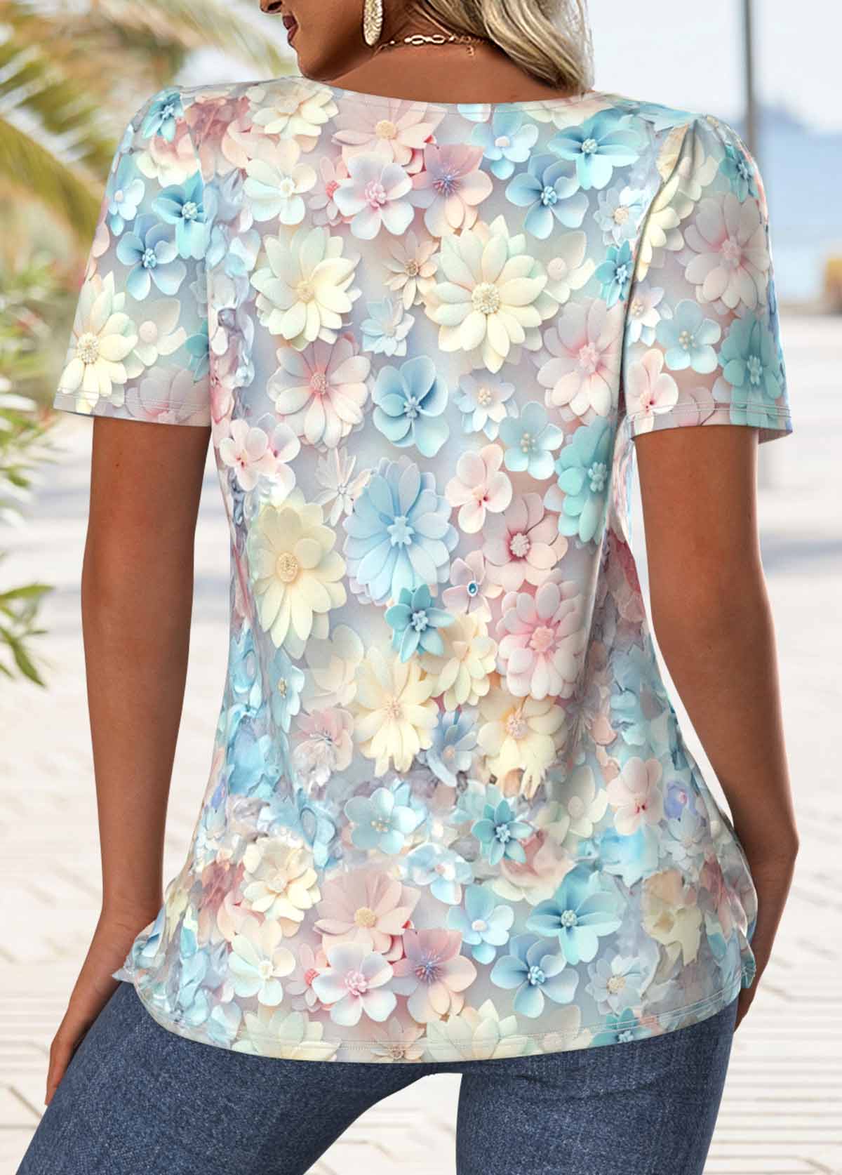 Multi Color Floral Print Short Sleeve T Shirt | picture 