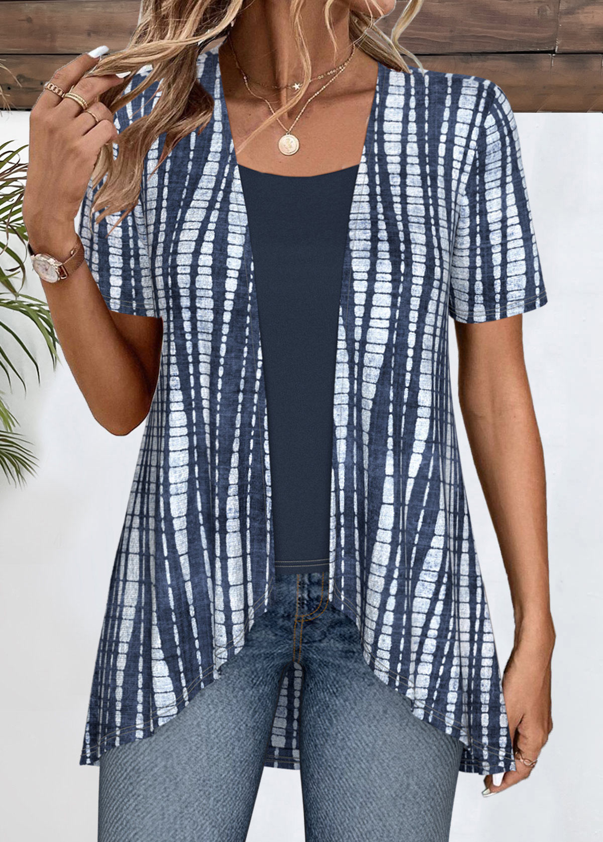 Plus Size Navy Patchwork Fake Two Piece Twinset | picture 