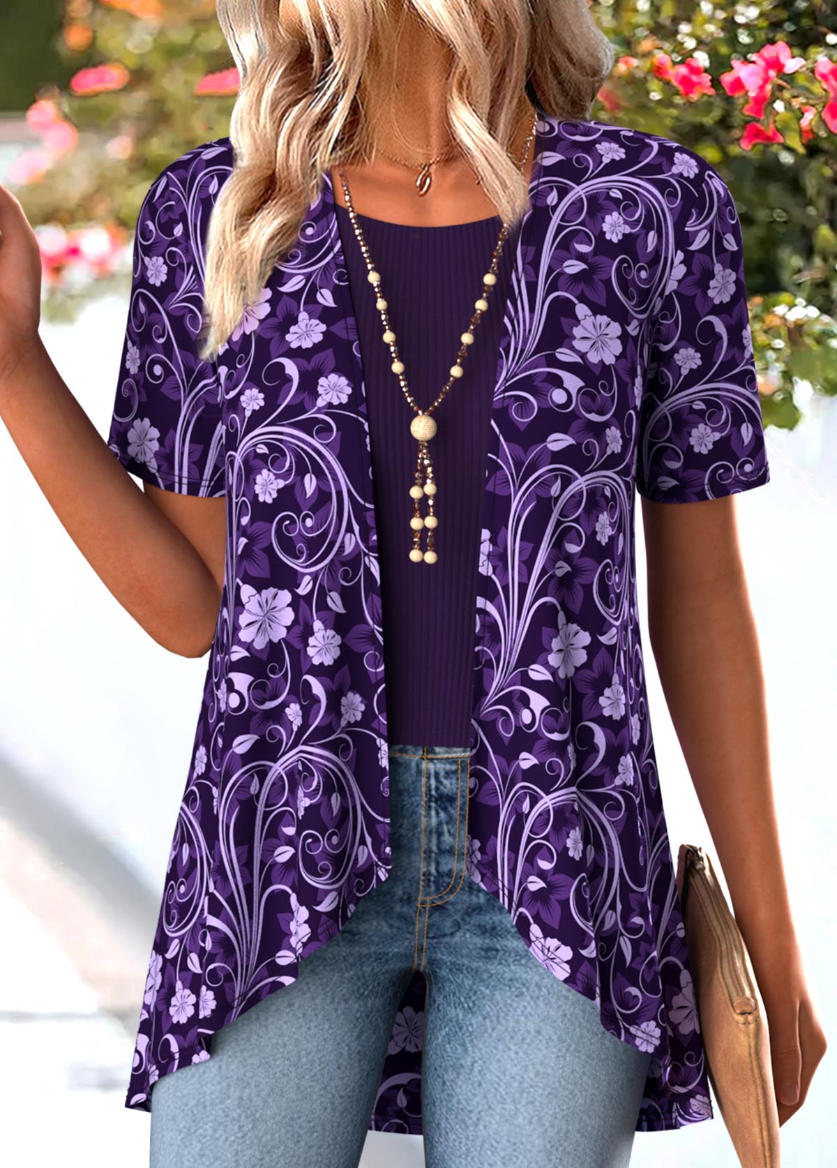 Modlily Purple Floral Print Short Sleeve Fake Two Piece Twinset - M