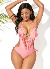 Tassel Embellished Halter Light Pink One Piece Swimwear | thumb picture 