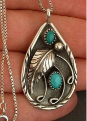 Turquoise Teardrop Feather Design Metal Necklace