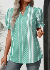 Mint Green Frill Striped Short Sleeve Blouse