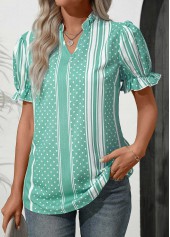 Mint Green Frill Striped Short Sleeve Blouse