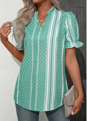 Mint Green Frill Striped Short Sleeve Blouse