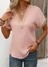 Light Pink Patchwork Short Sleeve V Neck T Shirt | thumb picture 