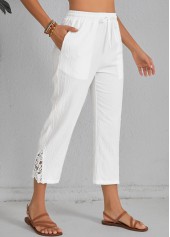 White Patchwork Elastic Waist High Waisted Pants