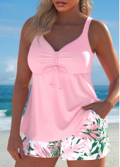 Drawstring Tropical Plants Print Light Pink Tankini Set | thumb picture 