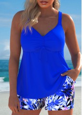 Drawstring Tropical Plants Print Royal Blue Tankini Set