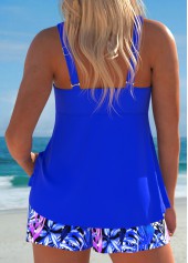 Drawstring Tropical Plants Print Royal Blue Tankini Set | thumb picture 