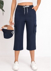 Navy Lace Up Straight Leg Elastic Waist Pants