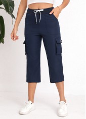 Navy Lace Up Straight Leg Elastic Waist Pants | thumb picture 