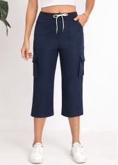 Navy Lace Up Straight Leg Elastic Waist Pants | thumb picture 