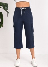 Navy Lace Up Straight Leg Elastic Waist Pants | thumb picture 