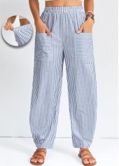 Dusty Blue Patchwork Striped Elastic Waist High Waisted Pants | thumb picture 