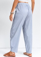 Dusty Blue Patchwork Striped Elastic Waist High Waisted Pants | thumb picture 