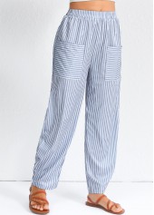 Dusty Blue Patchwork Striped Elastic Waist High Waisted Pants | thumb picture 